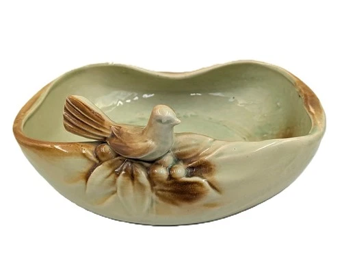 Vintage 1950s McCoy Bird Bath Planter Green & Brown Bird & Berries 10x8x4 in.