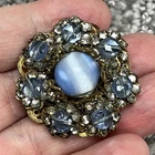 Vintage Miriam Haskell Signed Blue Glass Cabochon Brooch Pin Filigree Gold Tone