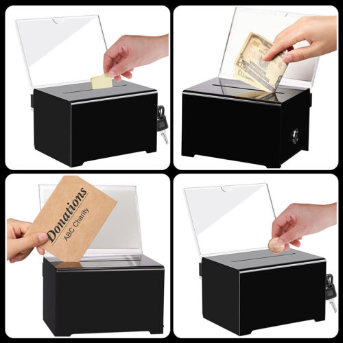 Acrylic Donation Box with Lock and Sign Holder Ballot Box (Black Side Keyhole) - Picture 6 of 11