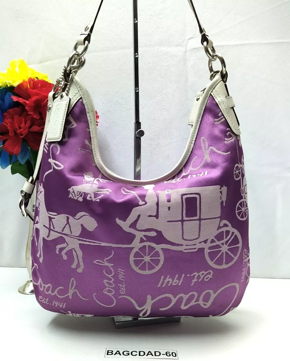 Coach Horse Carriage Purple Canvas White Leather Trim Crossbody Shoulder Bag