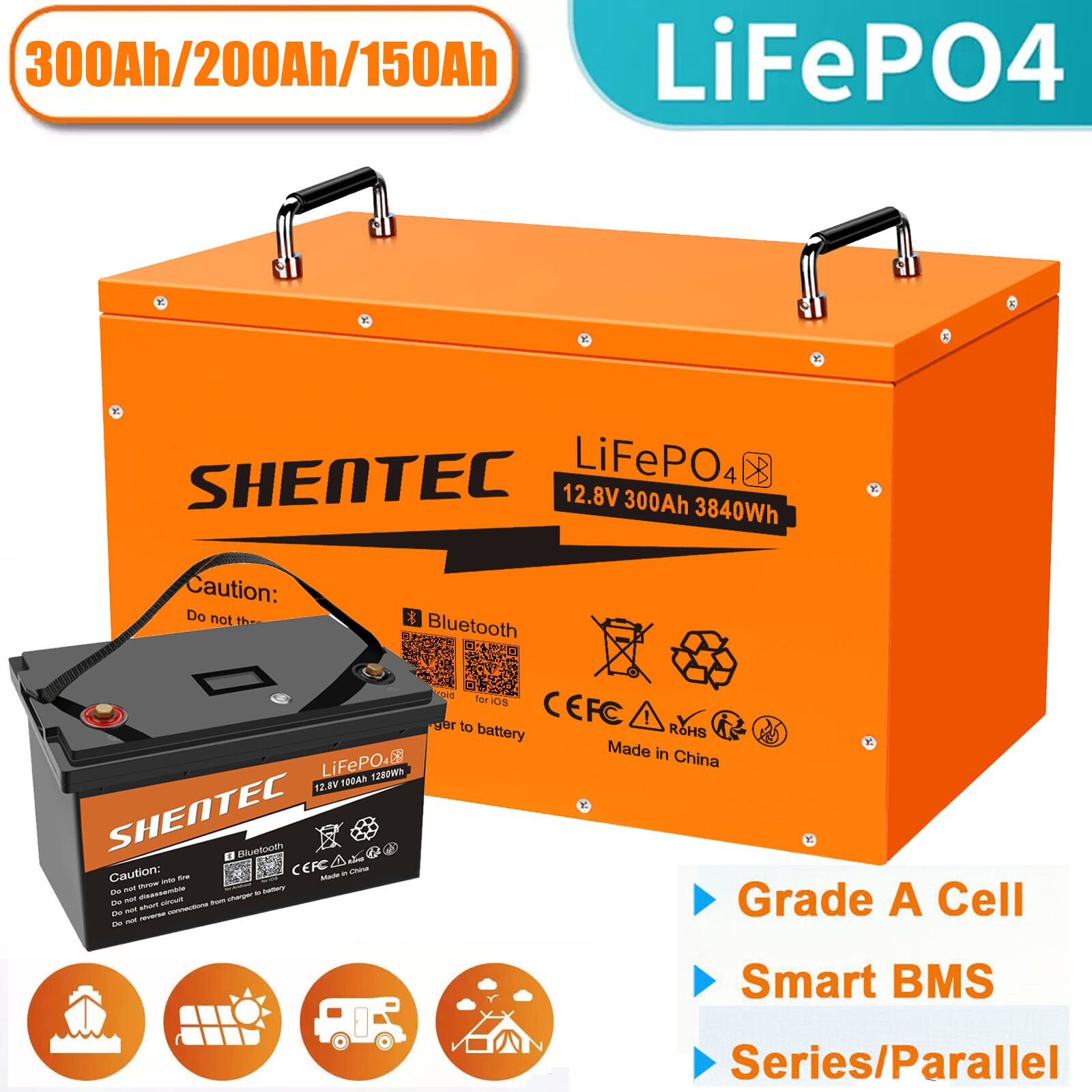 Batería 12V 200Ah 100Ah LiFePO4 Batería Litio BMS Solar Autocaravana Barco Bluetooth