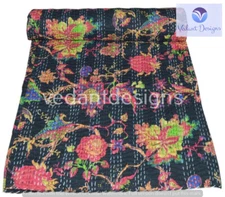 Indian Embroidery Kantha Quilt Bedspread Floral Throw Cotton Black