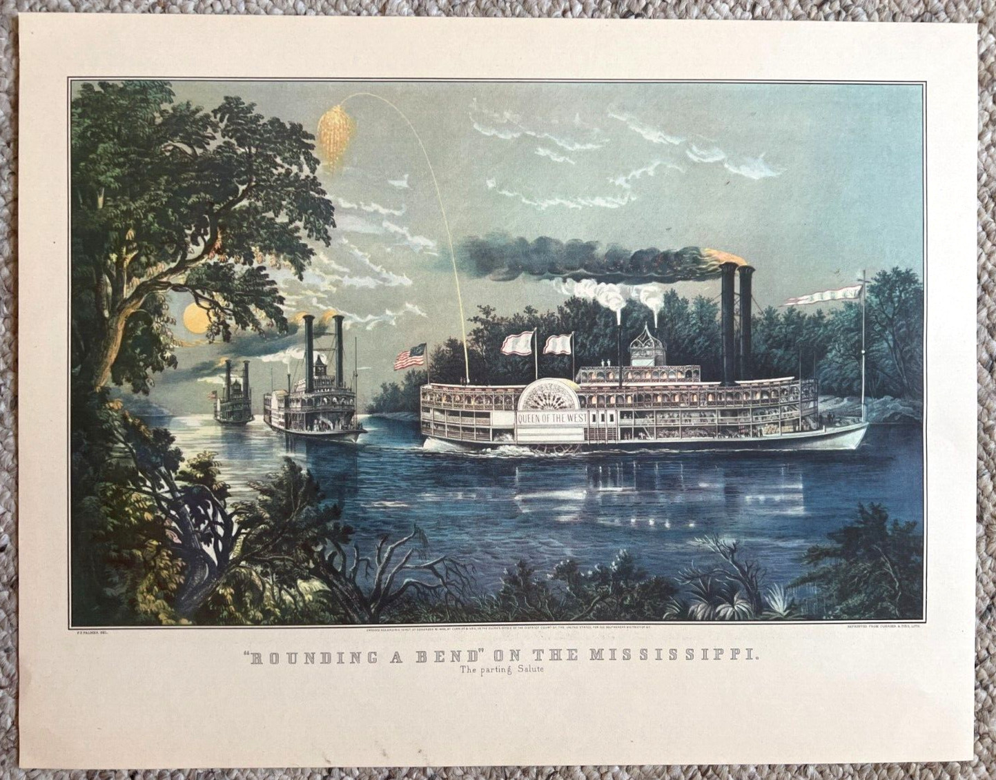 Vintage 1952 Currier & Ives Rounding A Bend &Low Water On Mississippi  Art Print