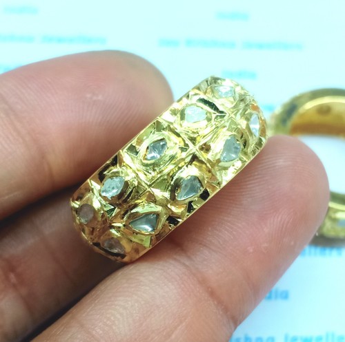 Polki Diamond Band Ring, 925 Sterling Silver Handmade Gold Plated Victorian Ring - Picture 5 of 9