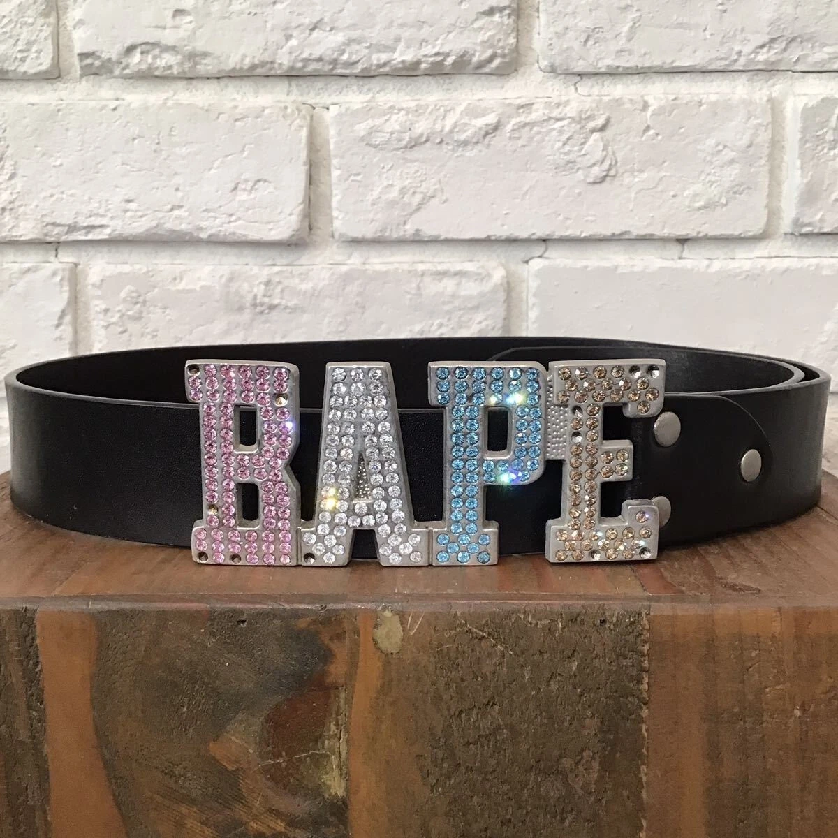 BAPE Swarovski BAPE logo leather belt black A Bathing Ape