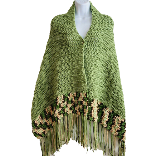 Handmade Crocheted Green Wrap Blanket  Shawl Fringe 22" Wide 60" Long BOHO Cozy - Picture 1 of 8