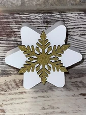 NEW! Chunky 'Snowflake' Christmas Winter Holiday Wood Block 4.5" White Farmhouse