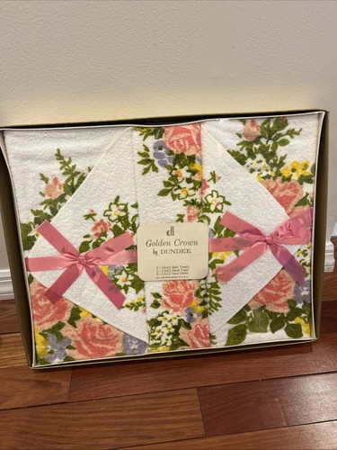 NOS Vintage 1970s Dundee Golden Crown Floral Bath Towel 5 Piece Set NEW SEALED - Picture 8 of 12