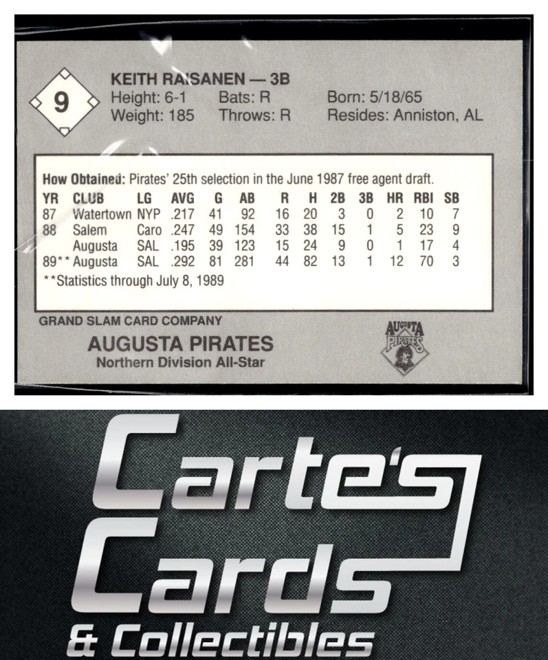 Keith Raisanen 1989 Grand Slam South Atlantic League All-Stars #9 Augusta - Image 2 of 2