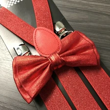 Metallic Red Glitter Suspenders and Bow Tie Matching Set Wedding Prom Adult