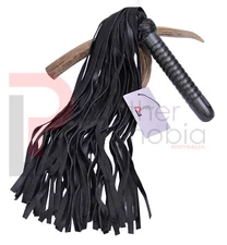50 Tails Flogger Laminated Carved Wood Handle Whip Genuine Nubuck Thick Leather