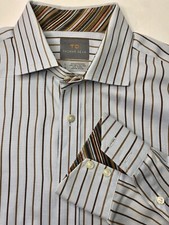 Thomas Dean TD Shirt Mens Large Button Contrast Cuffs Brown Stripes Long Sleeve