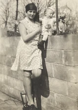 1930s Pretty Girl Standing on Little Chair Wall Cute Baby Toy Dog Photo P17za85