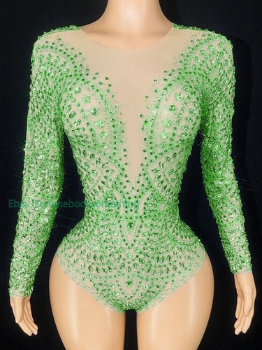 Mujeres Estrás Mangas Largas Malla Transparente Body Baile Disfraz Moda - Imagen 8 de 28