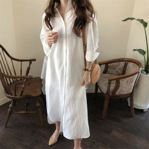 Women's Lapel Shirt Dress Linen Cotton Long Button Down Loose Casual Maxi Dress