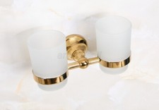 Gold Color Brass Wall Mount Bathroom Toothbrush Holder w/ Two Glass Cups aba884
