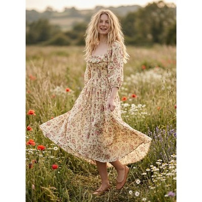 Free People Ethereal Oasis Printed Midi Dress Ivory Bohemian Cottage Size  XS | eBay