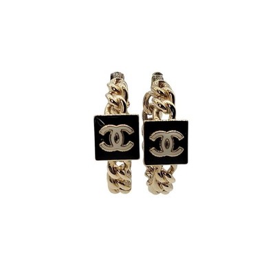 Chanel Metal Enamel CC Square Chain Hoop Earrings