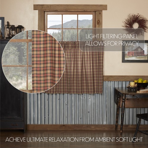 VHC Brands Rustic 36"x36" Tier Pair Tan Rod Pocket Plaid Kitchen Window Curtains - Picture 4 of 6