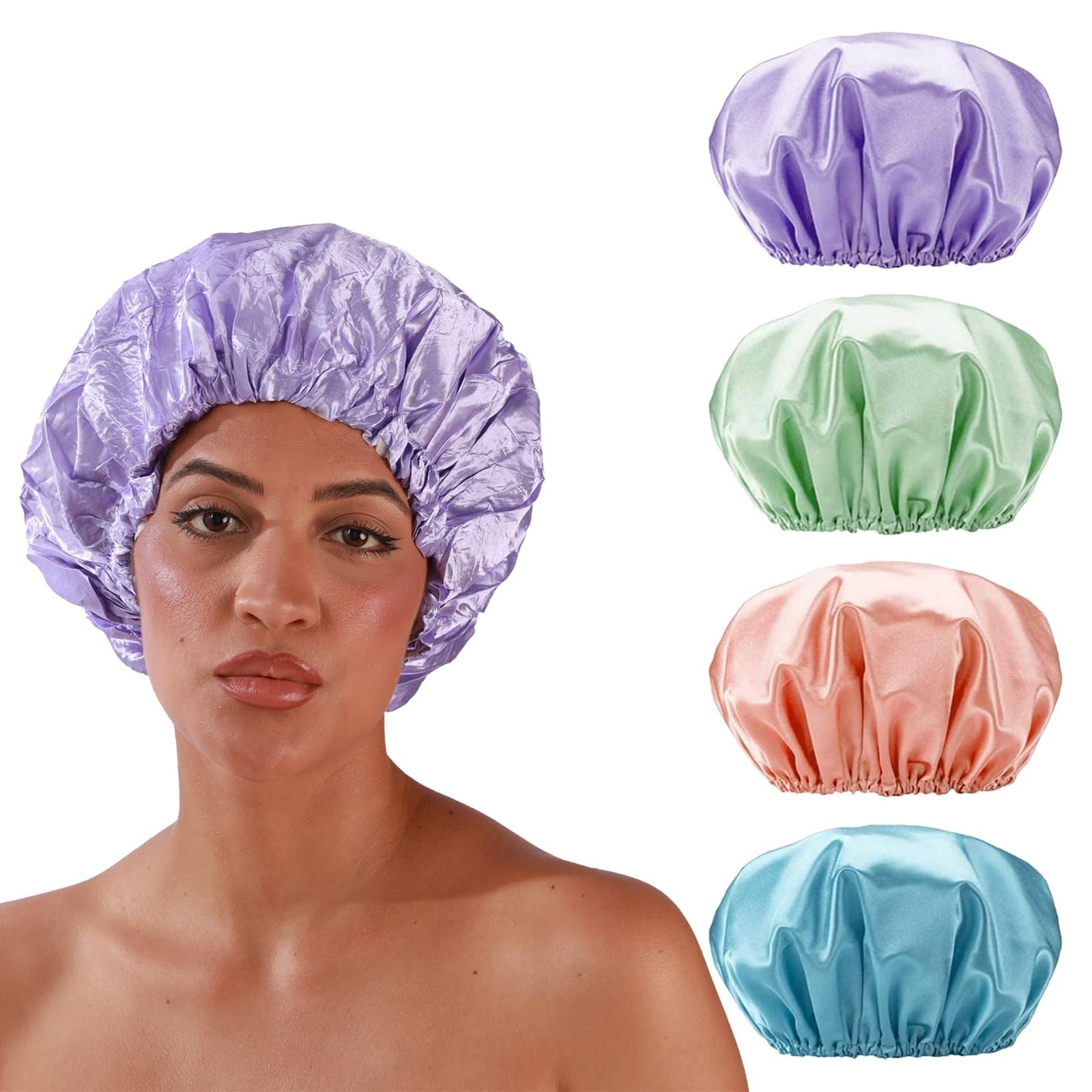 SMILCO 4 Pack Shower Caps, Double Waterproof Layers Reusable Bath Caps for Wo...