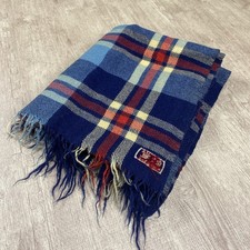 VTG TROY ROBE TARTAN PLAID CHECK FRINGE THROW BLANKET BLUE WOOL 70" X 52" MCM