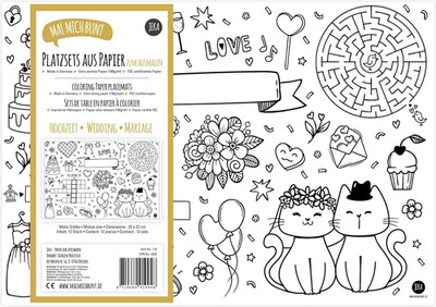 12 Hochzeit Platzsets zum Ausmalen, Kinderbeschäftigung und Mitgebsel, Mal Mich 