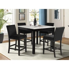5pc Counter Height Dining Set White Faux Marble Square Table&Black Velvet Chairs