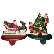 2 Cast Iron Christmas Stocking Hanger SET Santa Sleigh Rudolf Tree Decorating 4"