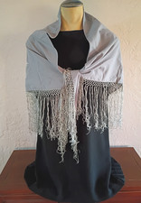 Vtg Gray Floral Wrap Shawl Cape Embroidered Crochet Fringe Tassels Boho