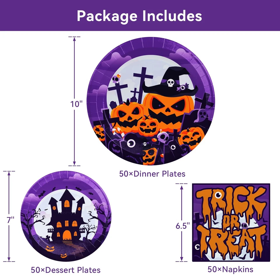 Набор бумажных тарелок и салфеток для Хэллоуина упаковка 150 шт. 10 дюймов и 7 дюймов одноразовые Trick-or-Treat - Изображение 2 из 4