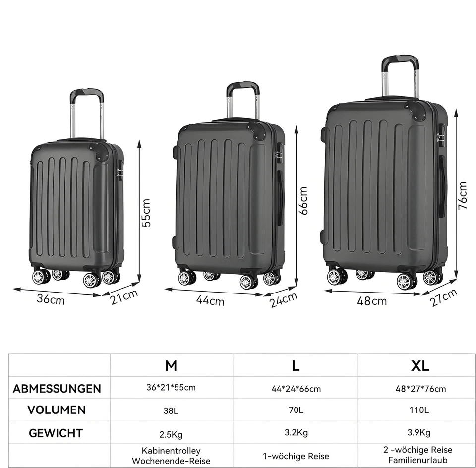 Reisekoffer Hartschalenkoffer Trolley | Einzelkoffer (M) oder 3-Teiliges Set - Bild 2 von 2