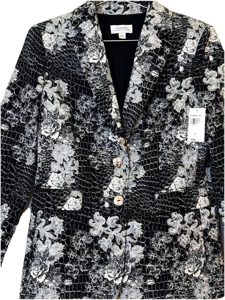 $288 US 6 ❤️Blazer metálico acolchado de hombro negro plateado para mujer Tahari ASL Foto 2 de 4