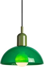 Vintage Pendant Light Fixture with 30cm Green Stained Glass Dome Shade & Green T