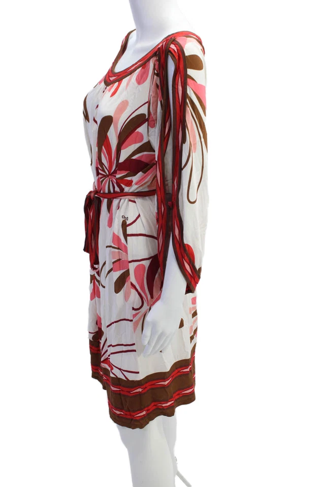 BCBG Max Azria 女式花卉印花腰带连衣裙白色粉红色中号 — 第 2/4 张图片