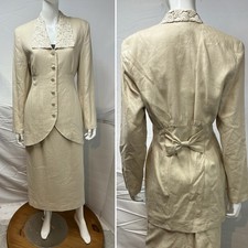 Vintage Jessica McClintock Women  s 8 Beige Linen Lace 80s Cottagecore Skirt Suit