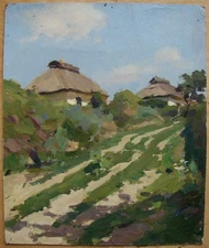 Ukrainian Soviet USSR oil painting impressionism realism country road hut