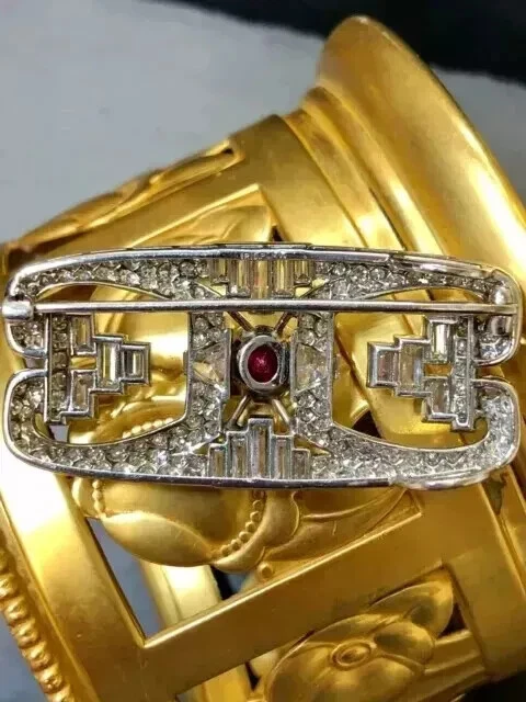 3.00Ct Round Lab Created Ruby Vintage Art Deco Brooch Pin 14K White Gold Plated - Image 3 of 4