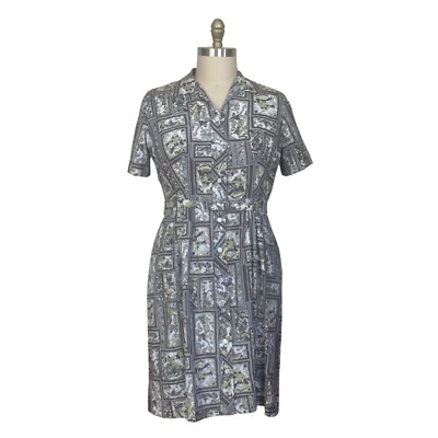 Vintage 1950s Plus Size Chartreuse Gray White Novelty Print Cotton