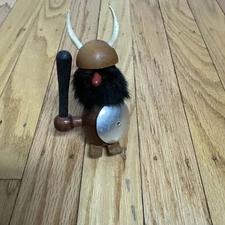 VTG Nordic Warrior Viking Gnome Carved Wood Statue Club Axe Shield Mid Century