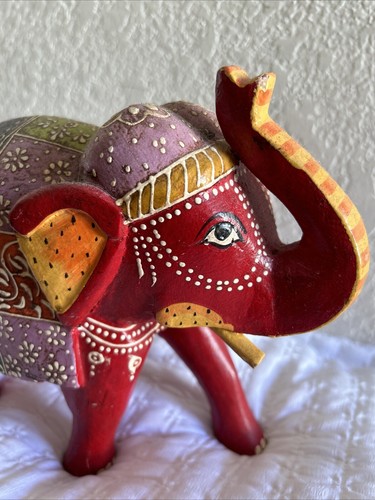 VTG Hand Painted Colorful Wood Carved Elephant Figurine Statue 10 L x 7 H India - Picture 2 of 23