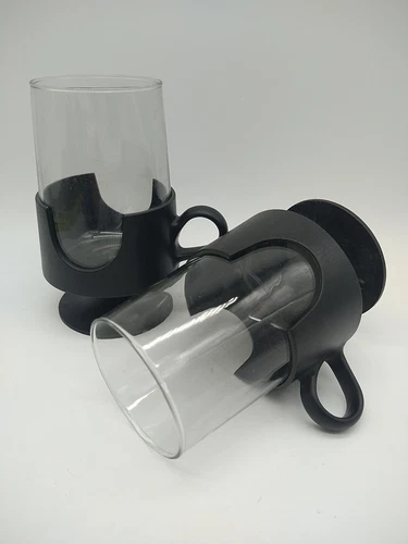 VINTAGE Mid-Century Modern Glas-Snap Corning Black COFFEE TEA CUPS 8oz -5" Tall 