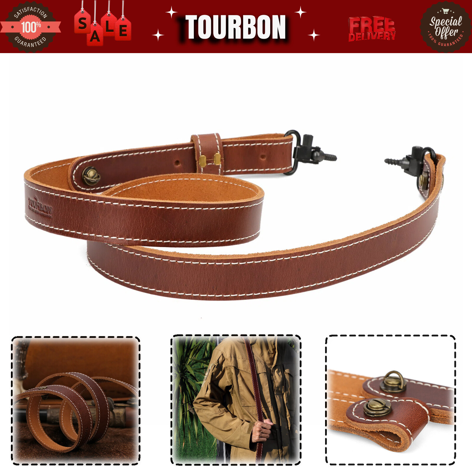 TOURBON Cowhide Leather Rifle/Shotgun Sling Gun Carry Strap+Swivels+Screws Studs