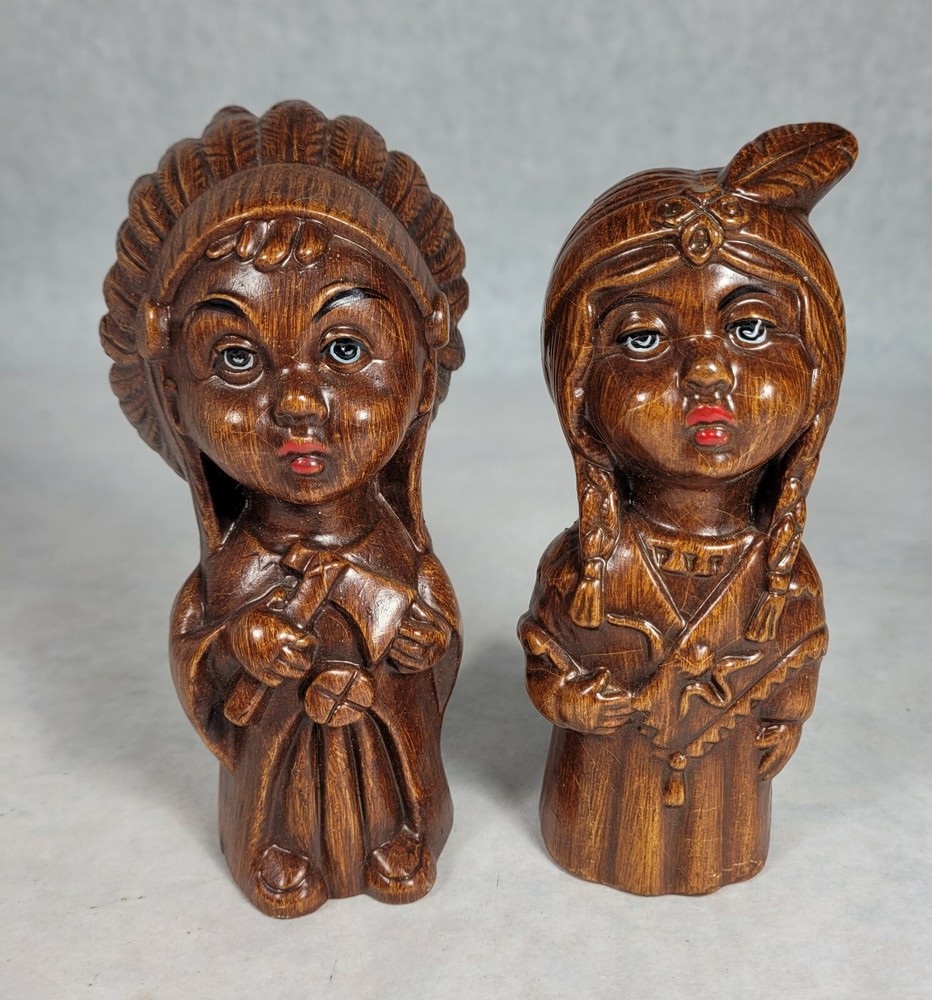 Vintage Unbreakable Pair Indians Porcelain Wood Composite - Made in Italy NICE!