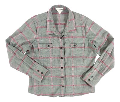 Womens XL Christopher & Banks Front Pockets Gray Pink Plaid Button Down Preowned