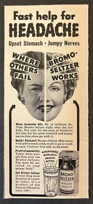 1950 Bromo-Seltzer Fast Help For Headache Upset Stomach B&W Vintage Print Ad