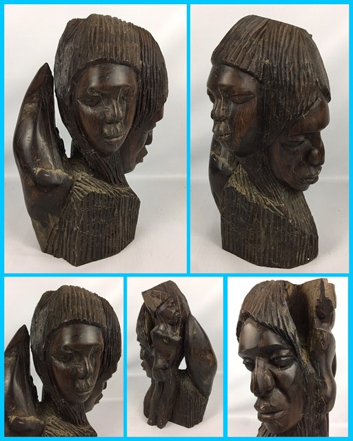 VTG Triple Figure African Tribal Family Hand Carved Ebony Wood Statue