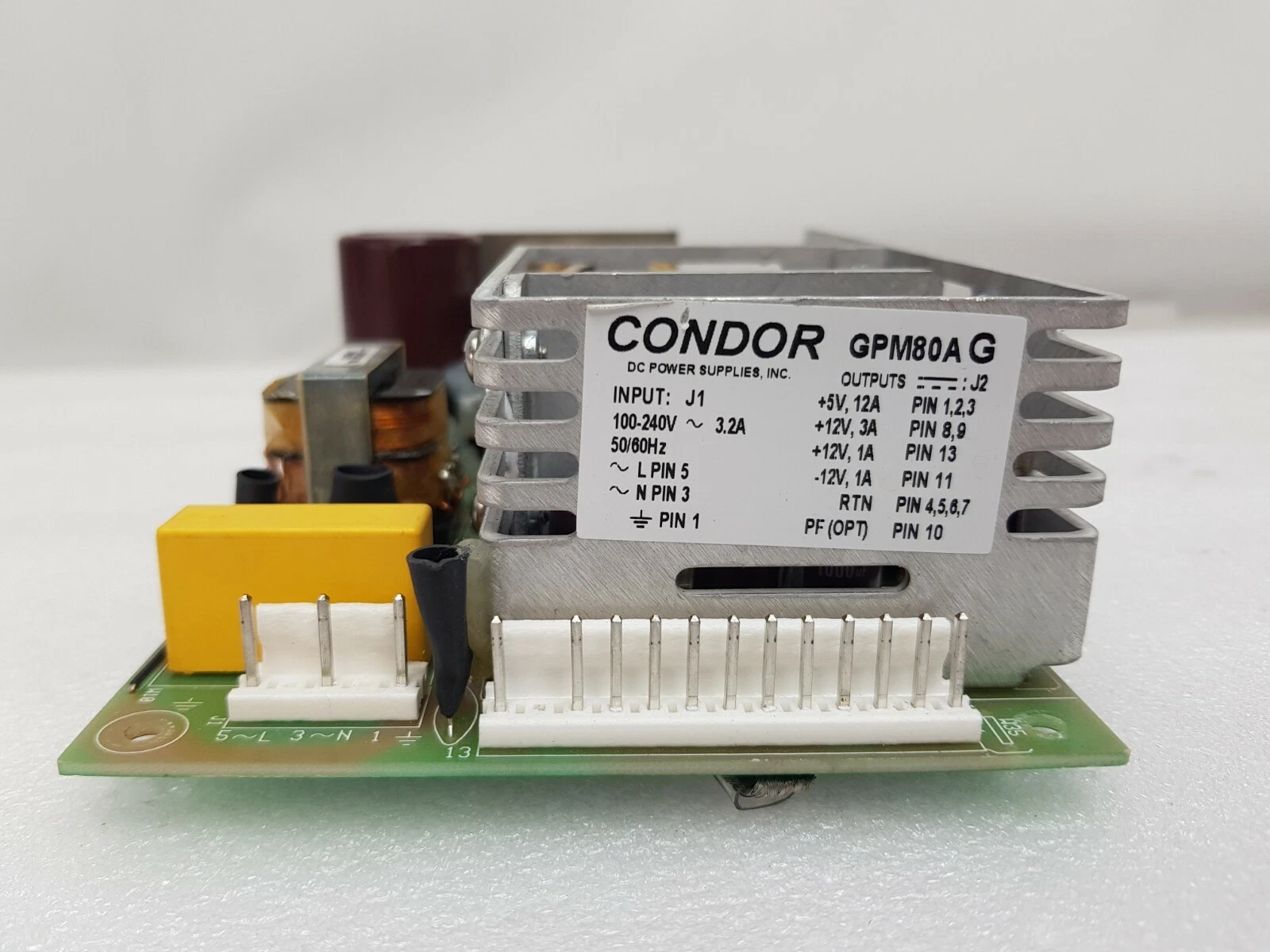 Condor GPM80AG rating label: 100-240 VAC input, +5 V 12 A, +12 V 3 A, +12 V 1 A, -12 V 1 A