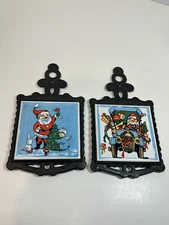 Lot Of 2 Vintage Seven Star Cast Iron Ceramic Tile Trivets Santa Wall Hanging