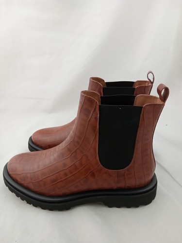 DUO Womens Chelsea Boots Ankle Tan Brown Leather Mock Croc Morgana Chunky New F1 - Picture 2 of 8