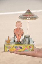 Vintage Colorful Wind Up Girl  Duck Litho C.K Trademark Tin Toy, Japan